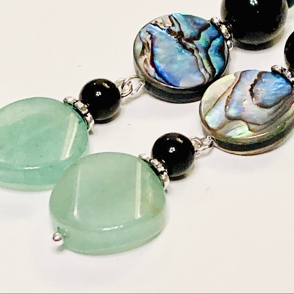Mint Green Aventurine Stone, Fabulous Abalone & Black Onyx BOHEMIAN Earrings - Picture 5 of 6